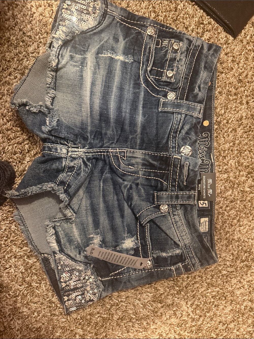 Miss Me Blue Distressed Denim Cutoff Shorts with Sequin Trim